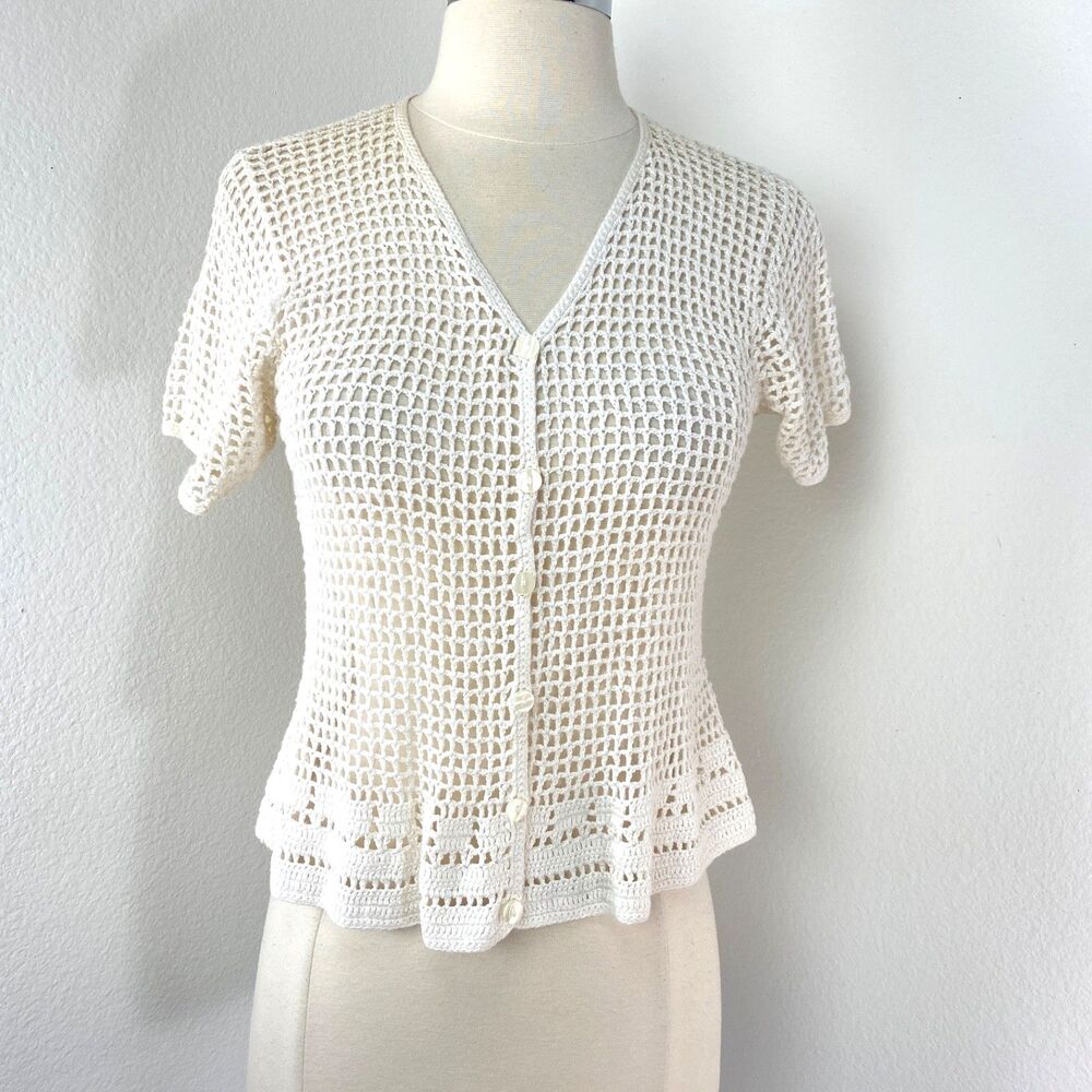 Vintage Norton McNaughton White Crochet Cardigan Small Whimsy Fairy Boho Peasant